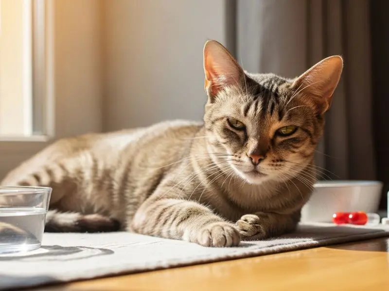 "Gato idoso magro mas confortável e tranquilo deitado em lugar ensolarado perto de janela com água e medicação ao lado demonstrando qualidade de vida no manejo da doença renal em gatos"