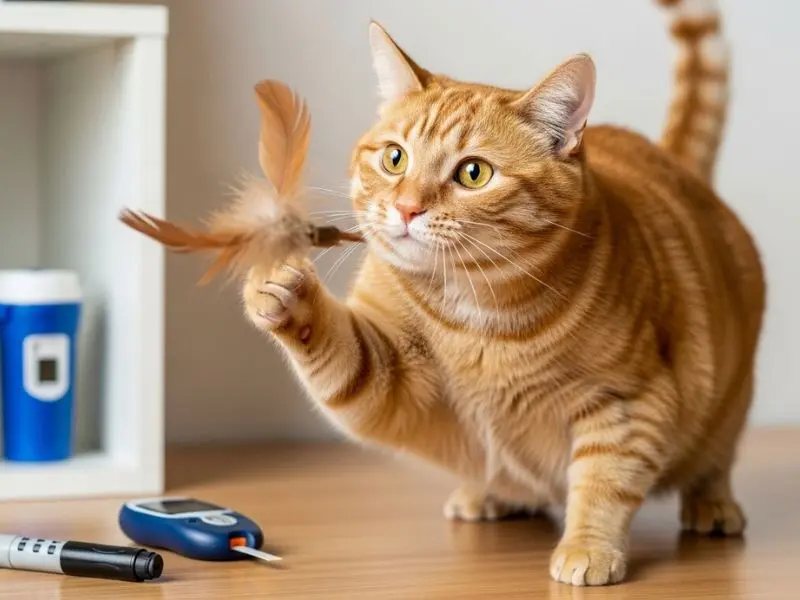 "Gato laranja diabético com peso reduzido brincando com brinquedo de penas com energia e olhos brilhantes demonstrando qualidade de vida no manejo adequado de diabetes em pets"