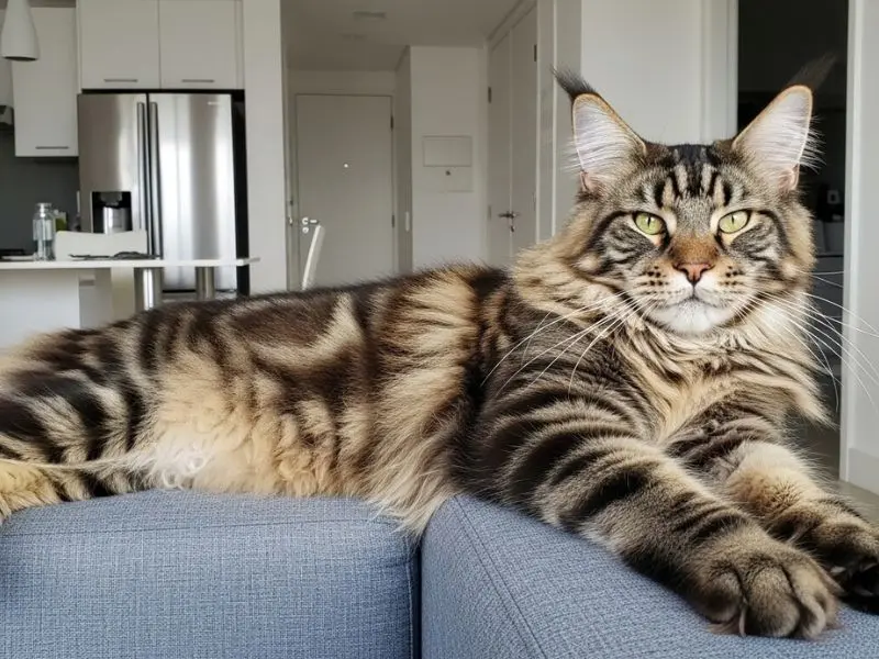 "Gato maine coon macho adulto deitado espalhado no sofá de apartamento brasileiro mostrando seu porte impressionante comparado ao móvel com pelagem densa orelhas com tufos e patas grandes" 
