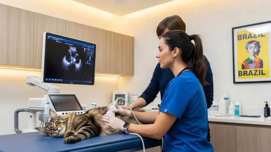 "Gato maine coon sendo examinado por cardiologista veterinário com probe de ultrassom no peito e tela de ecocardiograma visível ao fundo em clínica veterinária brasileira demonstrando rastreamento cardíaco da raça" 