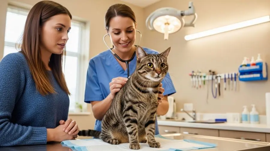 "Gato malhado sendo examinado por veterinária com estetoscópio em clínica veterinária clara enquanto tutora observa atentamente ao lado em ambiente de cuidado profissional"