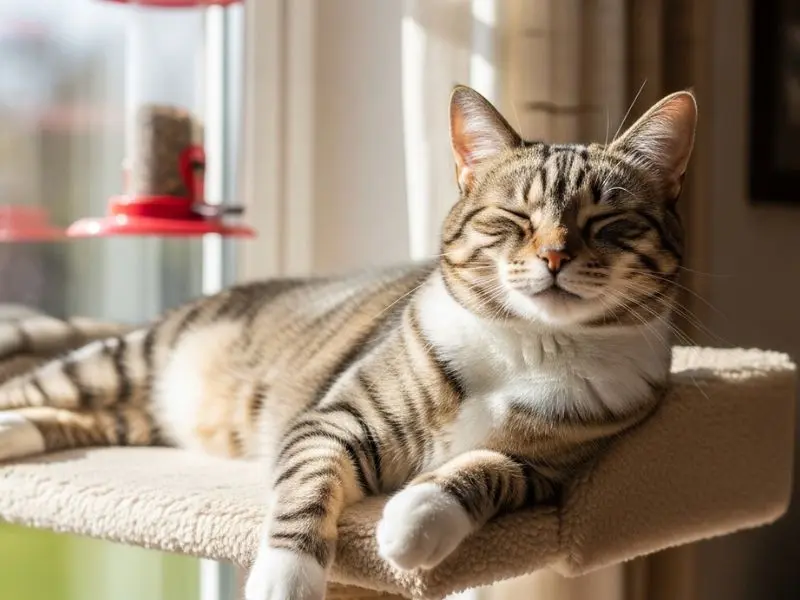 "Gato relaxado deitado confortavelmente em poleiro próximo à janela ensolarada com olhos semicerrados de contentamento mostrando estado de bem-estar após manejo de ansiedade em gatos"