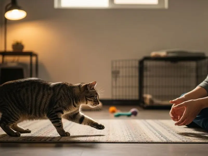 "Gato resgatado se aproximando com cautela de pessoa sentada no chão em postura não ameaçadora com linguagem corporal mostrando curiosidade tímida no processo de adotar gato de rua"