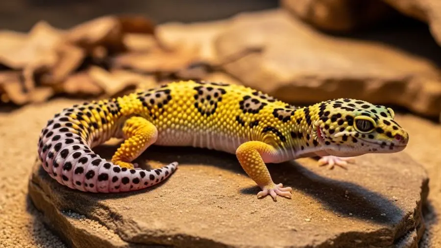 "Gecko leopardo adulta saudável com cauda gordinha indicando boa alimentação — sinais de saúde no Eublepharis macularius"