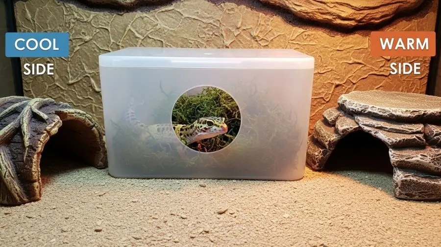 Gecko leopardo adulto de coloração tangerine saindo do esconderijo do lado frio.