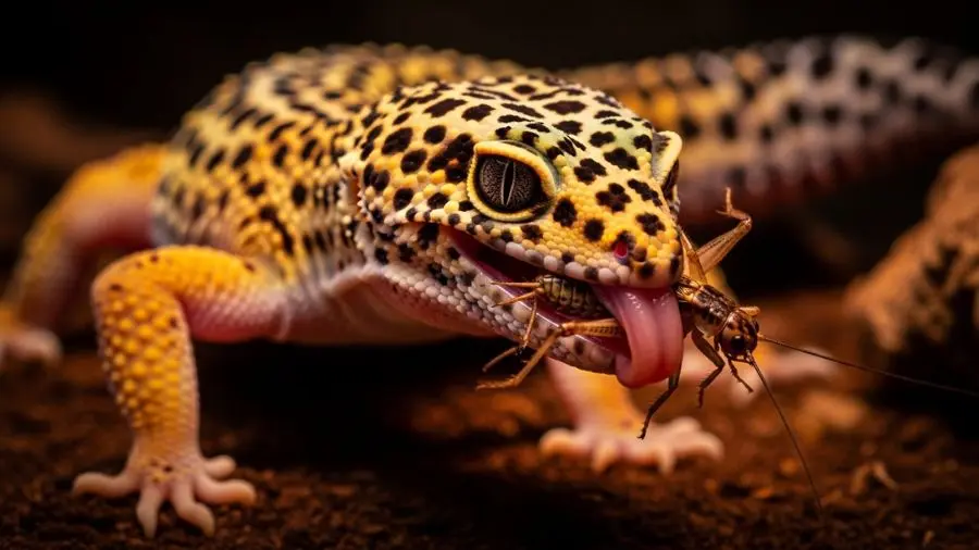 "Gecko leopardo capturando grilo com a língua — comportamento de caça natural do Eublepharis macularius em terrário"
