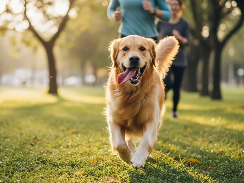 "Golden retriever correndo feliz com língua de fora em parque brasileiro verde ao amanhecer com pelagem dourada capturando luz do sol demonstrando necessidade de exercício da raça" 