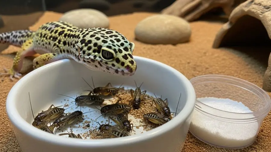 “Grilos polvilhados com cálcio: a refeição base do gecko leopardo — simples, nutritiva e o principal custo mensal da tutoria.”