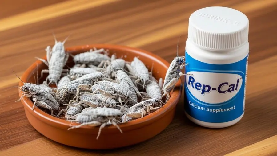 "Grilos sendo polvilhados com suplemento de cálcio para alimentação do gecko leopardo — protocolo correto de suplementação"