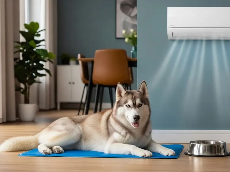 "Husky siberiano descansando em tapete refrigerante dentro de apartamento brasileiro com ar-condicionado visível na parede e tigela de água fresca — manejo do calor husky siberiano" 