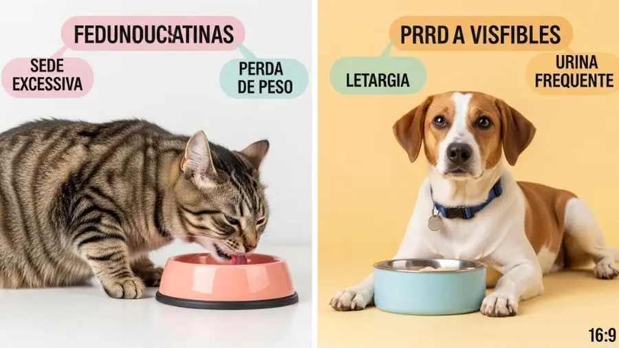 "Infográfico educativo mostrando sinais de diabetes em pets com gato bebendo água em excesso à esquerda e cachorro com perda de peso à direita com etiquetas dos sintomas principais"