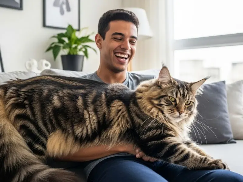 "Jovem brasileiro no sofá rindo com gato maine coon enorme drapejando dramaticamente sobre seu colo e ombros com expressão confortável demonstrando personalidade afetuosa e porte impressionante da raça" 