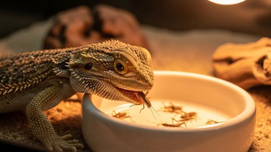 Juvenile bearded dragon (Pogona vitticeps) eating small crickets from a white ceramic bowl inside a terrarium, warm basking light, close-up, natural colors, no text