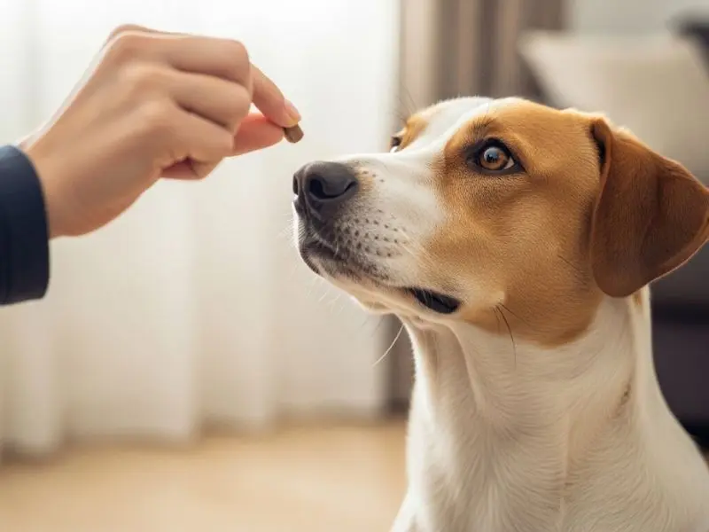 "Mão de tutor entregando petisco de treinamento para cachorro sentado em posição atenta com olhar focado demonstrando reforço positivo para adestrar cachorro em casa"