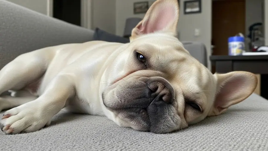 "bulldog frances adulto deitado mostrando focinho achatado e narinas pequenas em ambiente domestico"