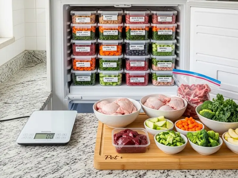 "Organização de preparo de dieta BARF para cães com potes etiquetados no freezer balança de cozinha tábua separada para pet e ingredientes crus em cozinha brasileira"