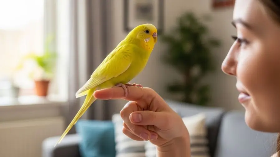 “Periquito domesticado desde jovem e socializado diariamente — o vínculo que se forma é um dos mais recompensadores no mundo das aves.”