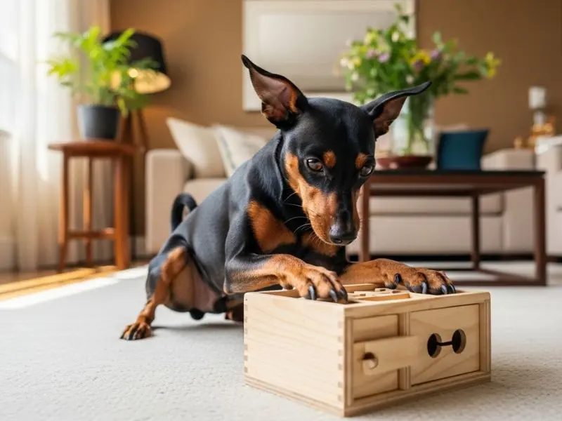 "Pinscher miniatura com orelhas eretas brincando com brinquedo de enriquecimento mental na sala de apartamento demonstrando necessidade de estimulação da raça"
