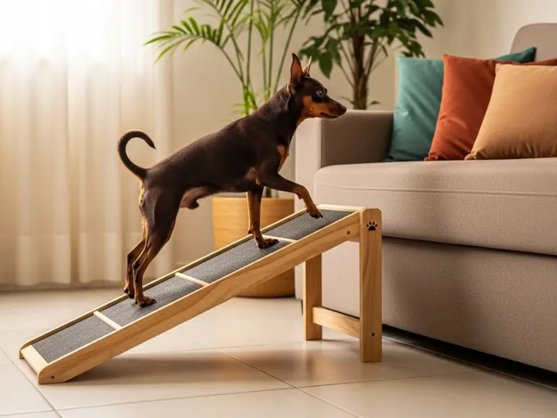 "Pinscher miniatura subindo rampa de madeira para acessar sofá em apartamento demonstrando prevenção de luxação de patela em raças pequenas" 