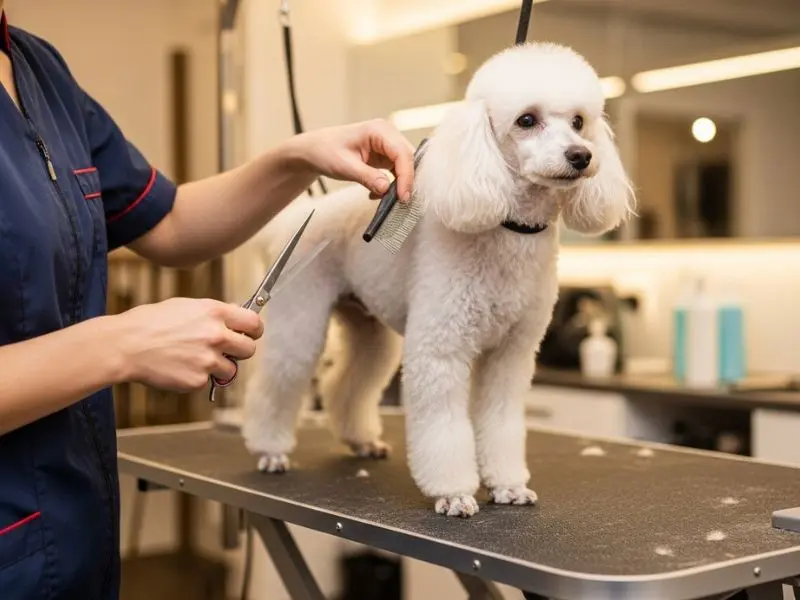"Poodle raça miniatura branco sendo tosado por profissional em mesa de grooming com escova slicker e tesoura em ambiente de pet shop iluminado"