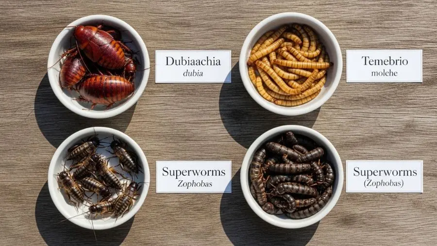 "Principais insetos aceitos na alimentação do dragão barbudo: barata dubia, grilo, tenébrio e zófoba — opções e custos por tipo"