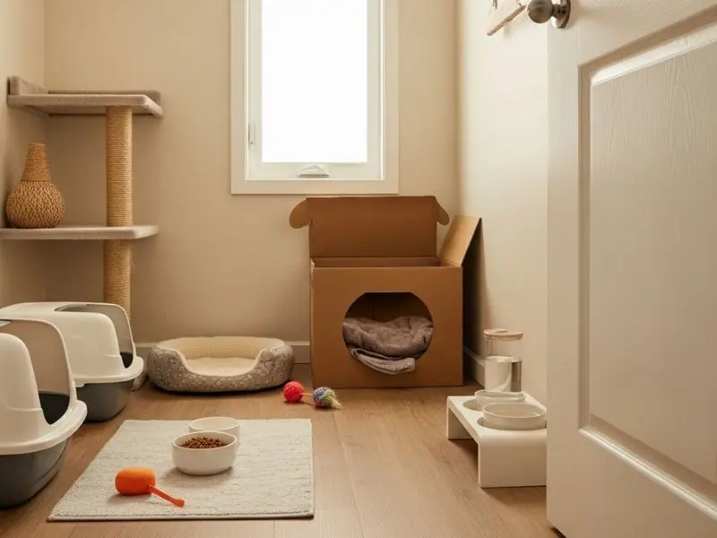 "Quarto de quarentena para adotar gato de rua com cama felina caixa de areia tigelas de comida e água caixa de esconderijo e brinquedos simples em espaço acolhedor e contido"