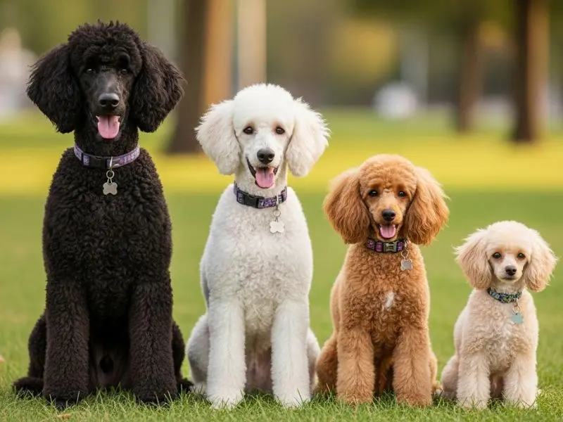 "Quatro tamanhos da poodle raça sentados juntos mostrando diferença de porte entre standard preto médio branco miniatura caramelo e toy creme em parque com luz natural"