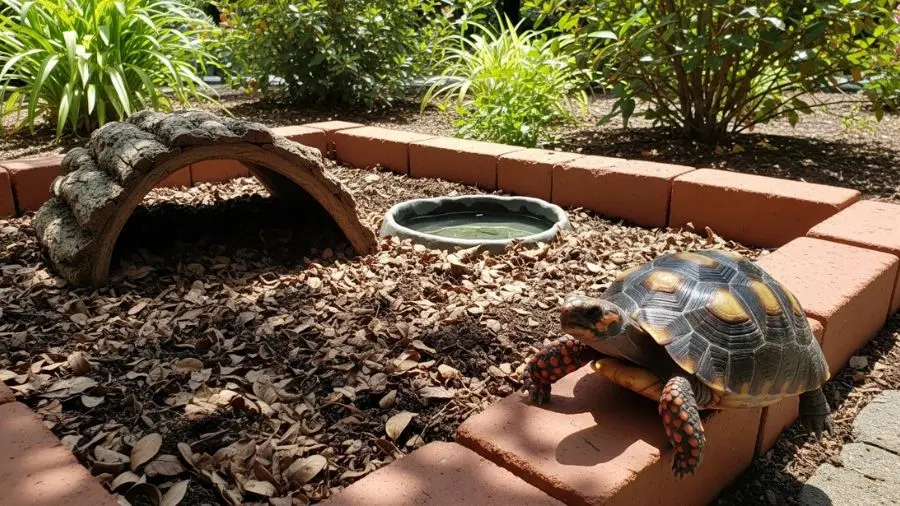 "recinto externo para jabuti piranga em jardim com substrato natural area sombreada e tigela de agua"