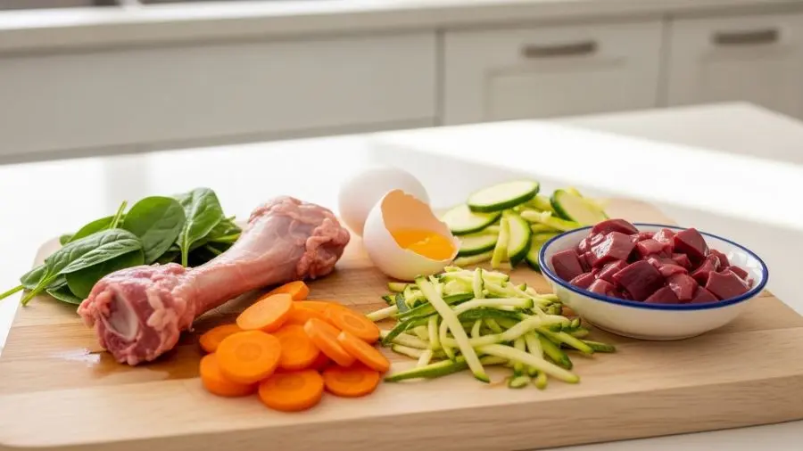 "A primeira refeição BARF que preparei para testar antes de recomendar qualquer coisa aqui. Levou quarenta minutos e muito Google. Hoje levo dez." -->