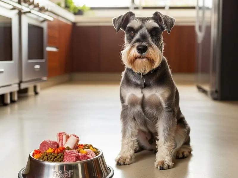 "Schnauzer miniatura saudável com pelo brilhante e olhos vivos sentado próximo a tigela de alimentação BARF em cozinha brasileira moderna demonstrando saúde após dieta" 