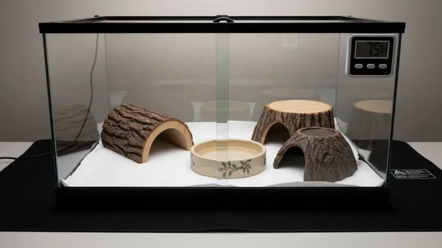 “Terrário de gecko leopardo completo com heat mat, hide boxes termometro e substrato montado corretamente.”