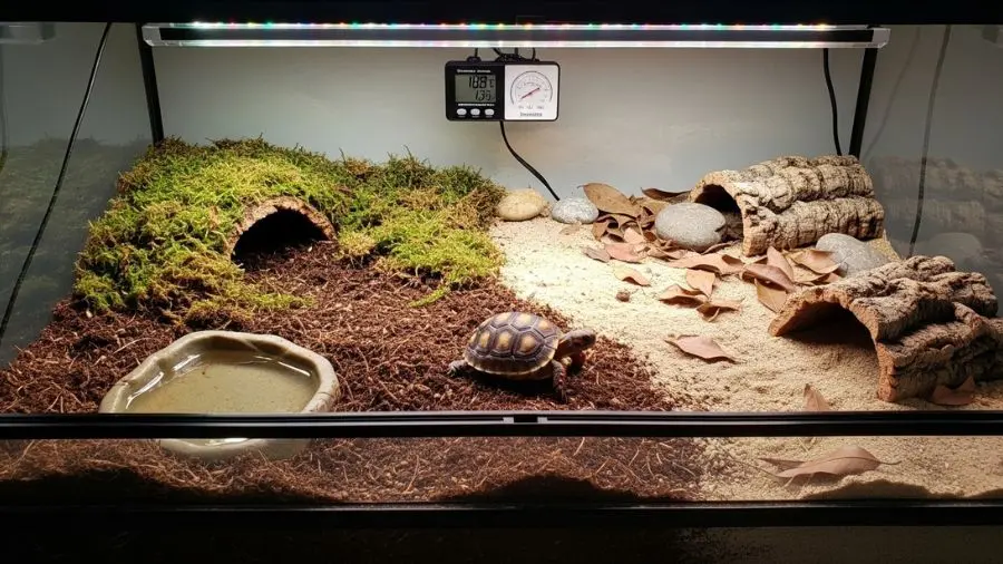 "Substrato profundo (mínimo 8 cm) permite comportamento natural de cavar — essencial para o bem-estar do jabuti."