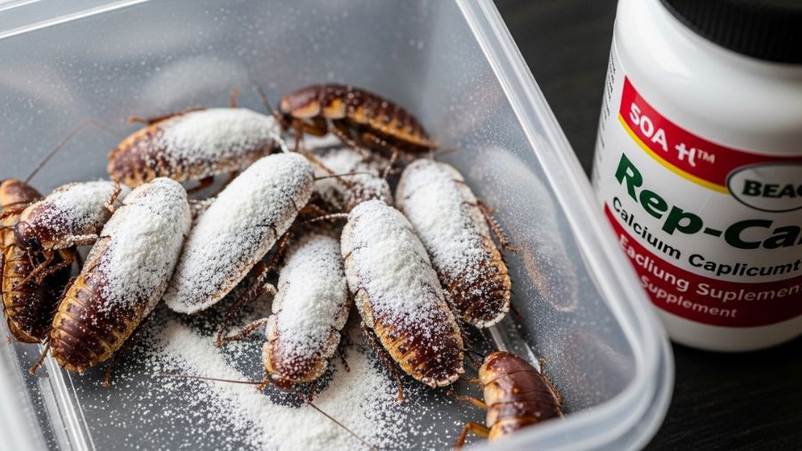 "Suplemento de cálcio sendo polvilhado sobre barata dubia — processo de suplementação correto para dragão barbudo e outros répteis"