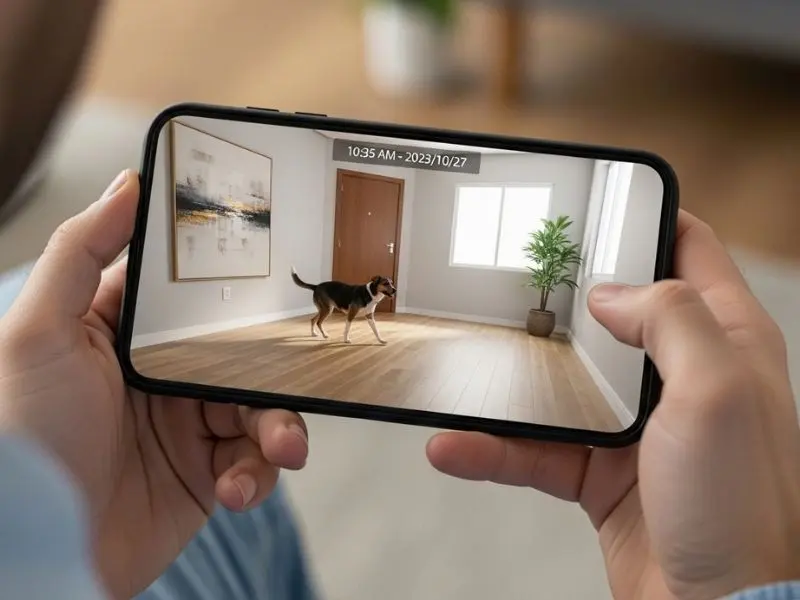 "Tela de smartphone mostrando câmera de monitoramento com cachorro caminhando ansiosamente perto da porta em apartamento vazio com timestamp e tutor preocupado segurando o celular" 