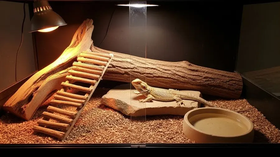 "Terrário de dragão barbudo bem estruturado com tronco de madeira pedra plana sob spot de calor lâmpada UVB visível e recipiente raso de água mostrando ambiente ideal para muda saudável"