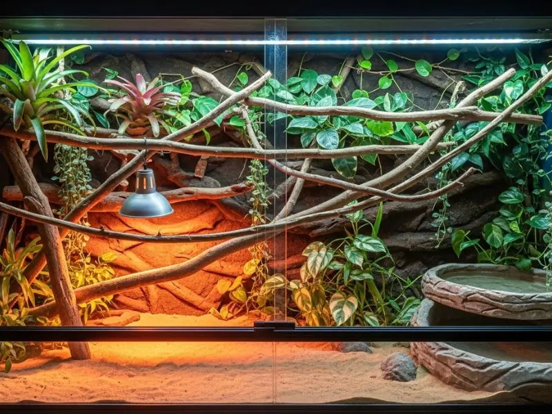 "Terrário grande para iguana como pet com galhos para escalar plantas tropicais spot de aquecimento iluminação UVB gradiente de temperatura e tigela de água demonstrando setup correto"