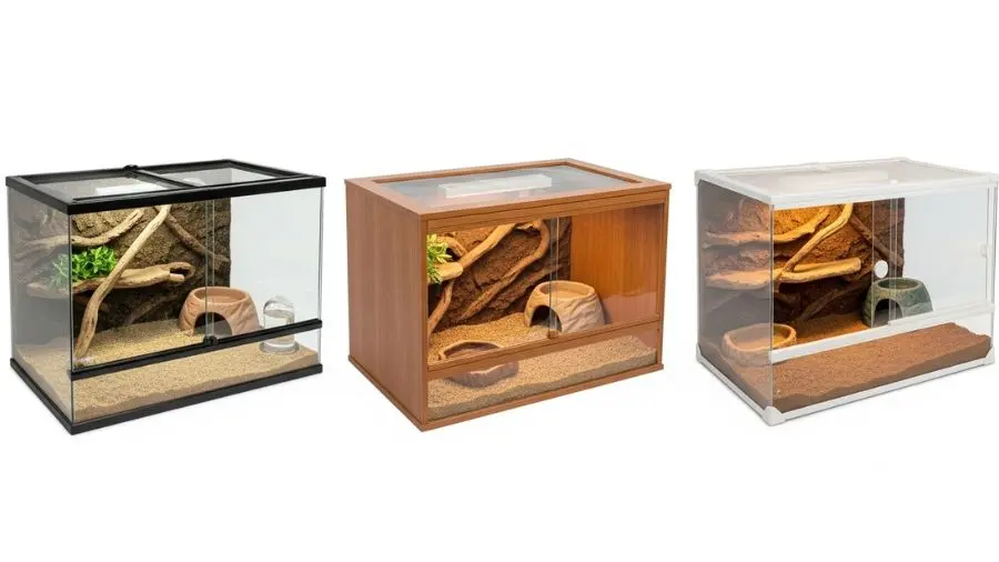 Three different terrarium types side by side: glass, wood-front, and PVC enclosure for reptiles, comparison shot, clean white background, product photography style, no text