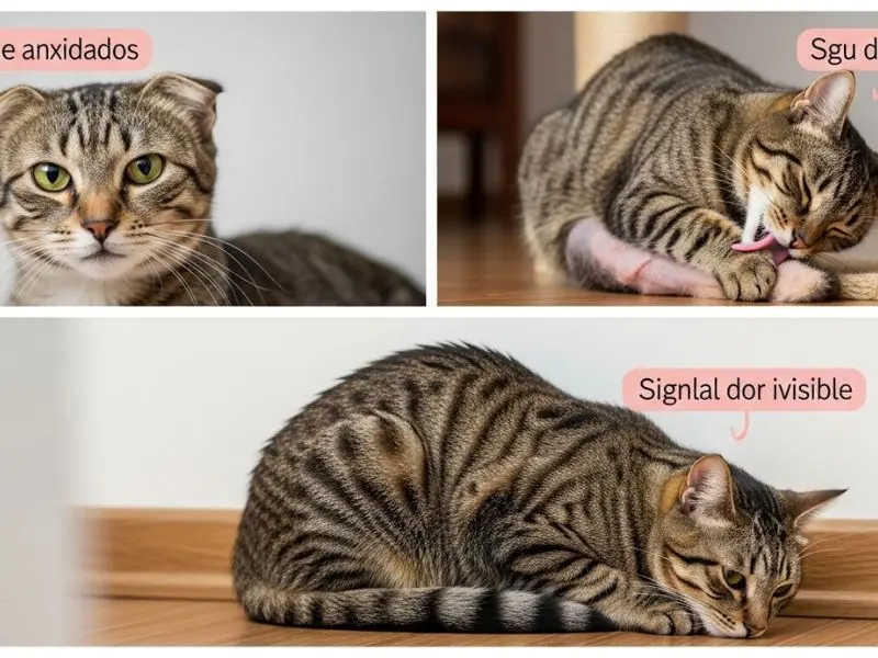 "Três sinais de ansiedade em gatos mostrados lado a lado pupilas dilatadas e orelhas baixas lambedura excessiva com pelo rareado e postura encolhida junto à parede" 