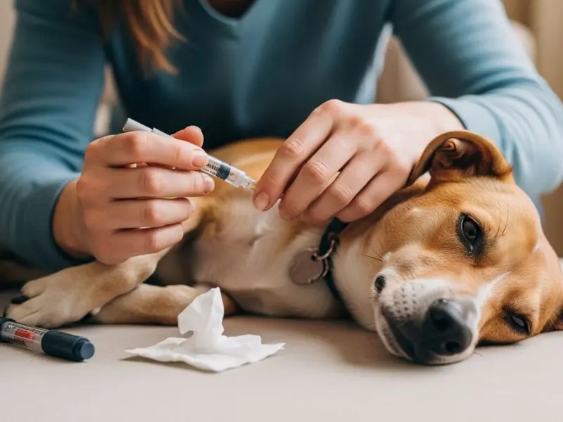 "Tutor aplicando insulina em cachorro em casa com animal relaxado em superfície macia caneta de insulina e algodão com álcool visíveis mostrando rotina de tratamento de diabetes em pets"