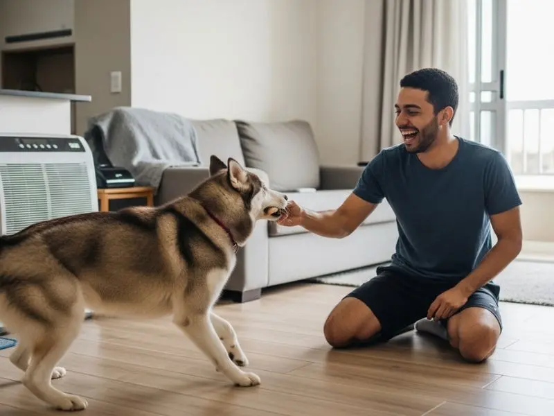 "Tutor brasileiro brincando com corda com husky siberiano energético em apartamento moderno climatizado com tapete refrigerante visível demonstrando convivência real da raça no Brasil"