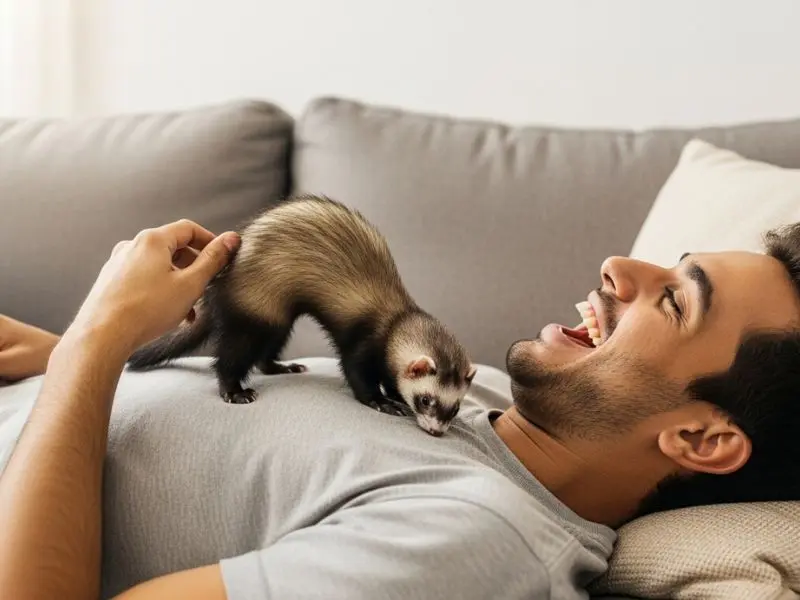 "Tutor brasileiro rindo deitado no sofá com furão sable fazendo dança da guerra sobre seu peito em apartamento moderno com luz natural demonstrando personalidade única de furao como pet"