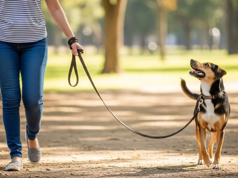 "Tutor caminhando em parque brasileiro com cachorro na guia frouxa em formato J demonstrando resultado de treino de guia para adestrar cachorro em casa" 