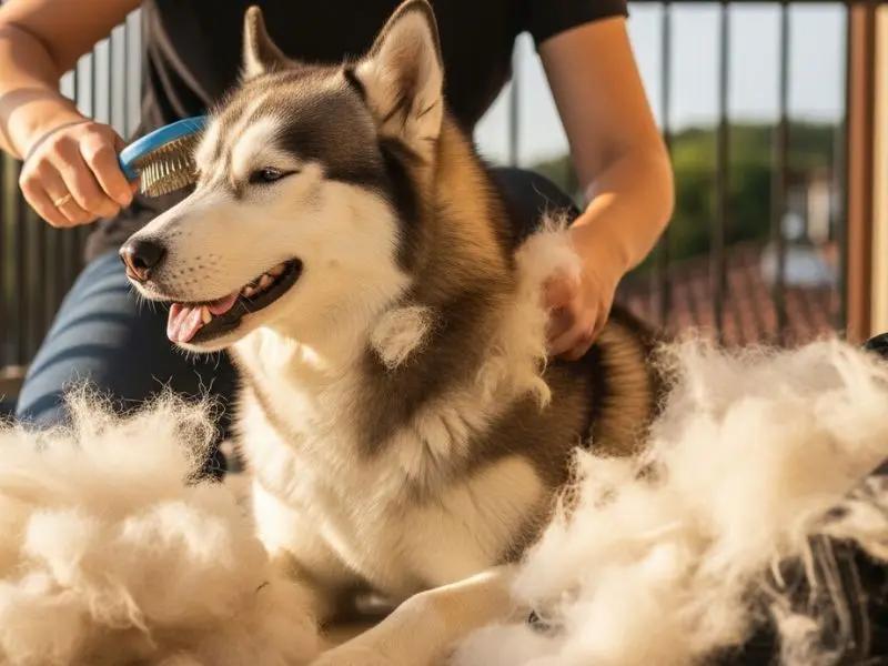 "Tutor escovando husky siberiano durante muda com grande quantidade de subpelo removido visível em sacola em varanda brasileira demonstrando rotina de cuidados com pelagem" 