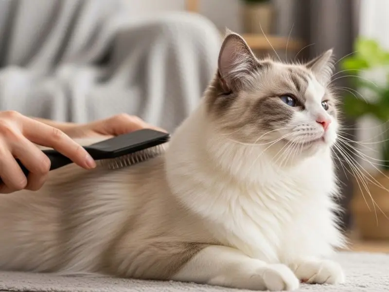 "Tutor escovando pelagem longa e sedosa de gato ragdoll com escova macia em tapete de higiene demonstrando rotina de cuidados com pelo da raça"