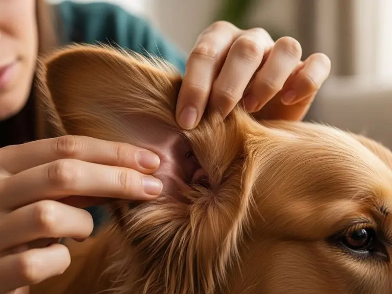 "Tutor inspecionando orelha de cão com cuidado procurando carrapatos em casa com luz natural demonstrando inspeção preventiva rotineira contra erliquiose em caes" 