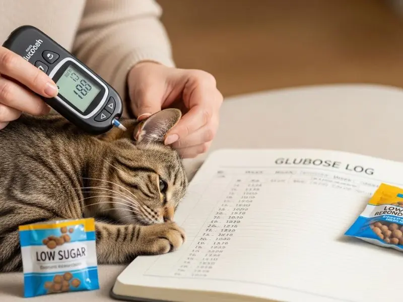 "Tutor medindo glicemia de gato diabético com glicosímetro na borda da orelha com caderno de registro de glicemia e petiscos de reforço positivo no monitoramento de diabetes em pets"