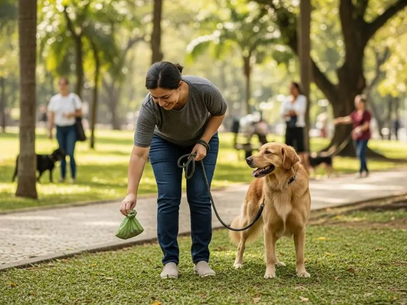 "Tutor responsável recolhendo fezes do cão em parque brasileiro com saco biodegradável demonstrando prática de higiene e prevenção de verminose em cães e humanos"