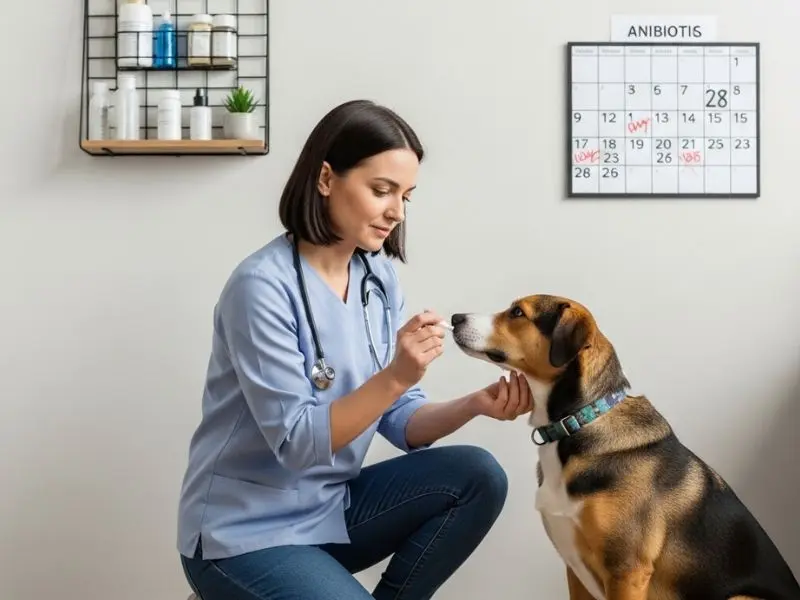 "Tutora administrando antibiótico oral para cão em casa com calendário de 28 dias de tratamento visível na parede demonstrando protocolo completo de tratamento de erliquiose em caes" 