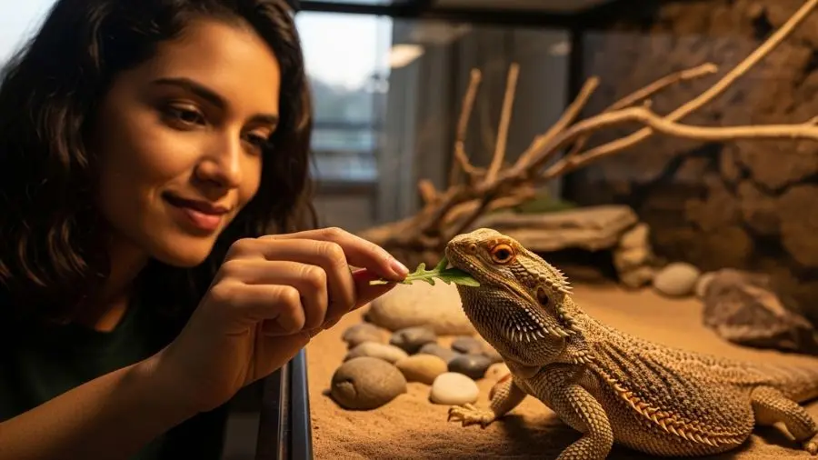 "Tutora alimentando dragão barbudo adulto com folha de rúcula na mão — rotina de alimentação saudável do Pogona com vegetais frescos" 