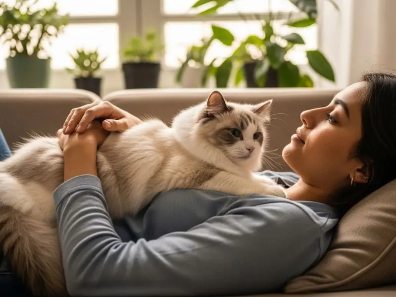 "Tutora brasileira deitada no sofá com gato ragdoll grande relaxado sobre seu peito demonstrando temperamento dócil e comportamento floppy característico da raça"